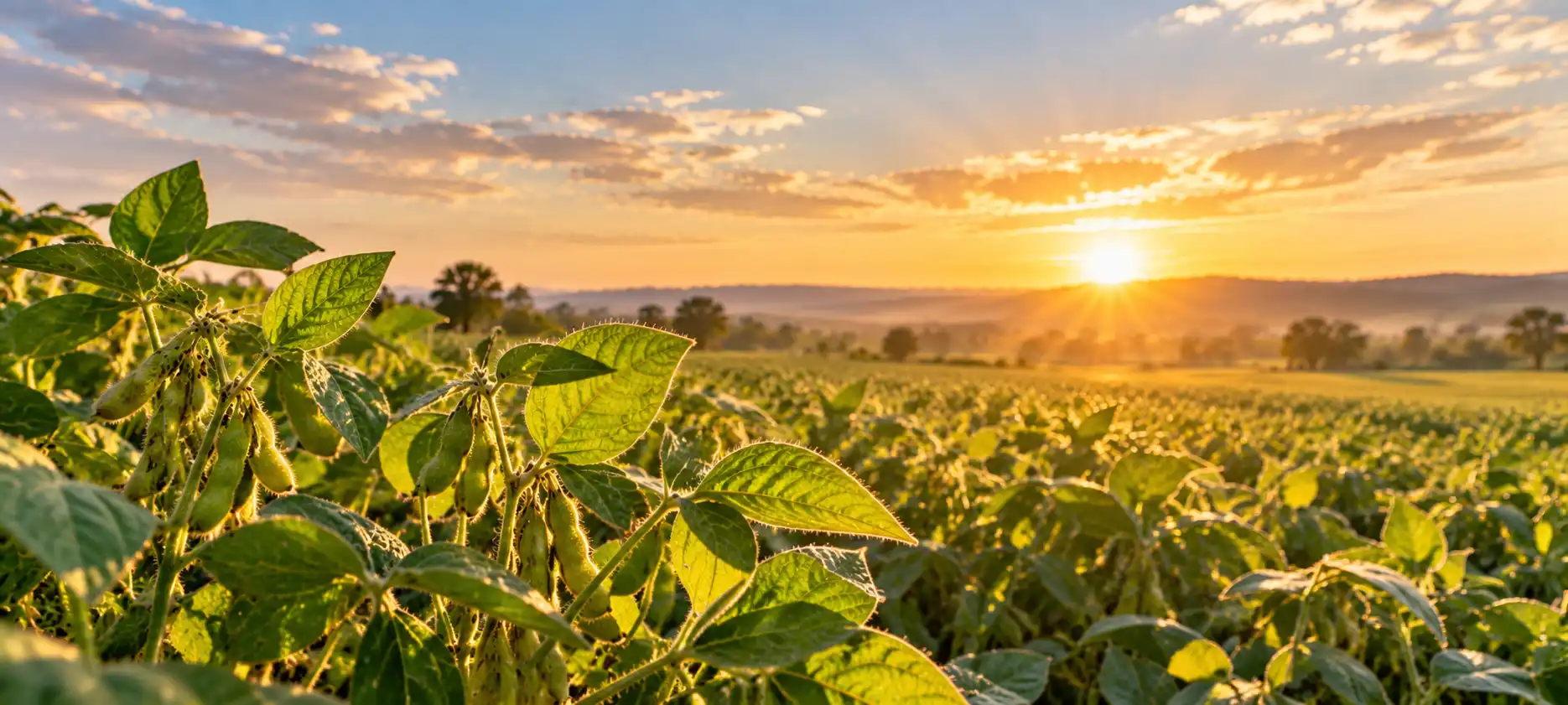 Sunrise over a soybean field